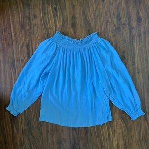 Maje Light Blue Smocked Silk Long Sleeve Blouse